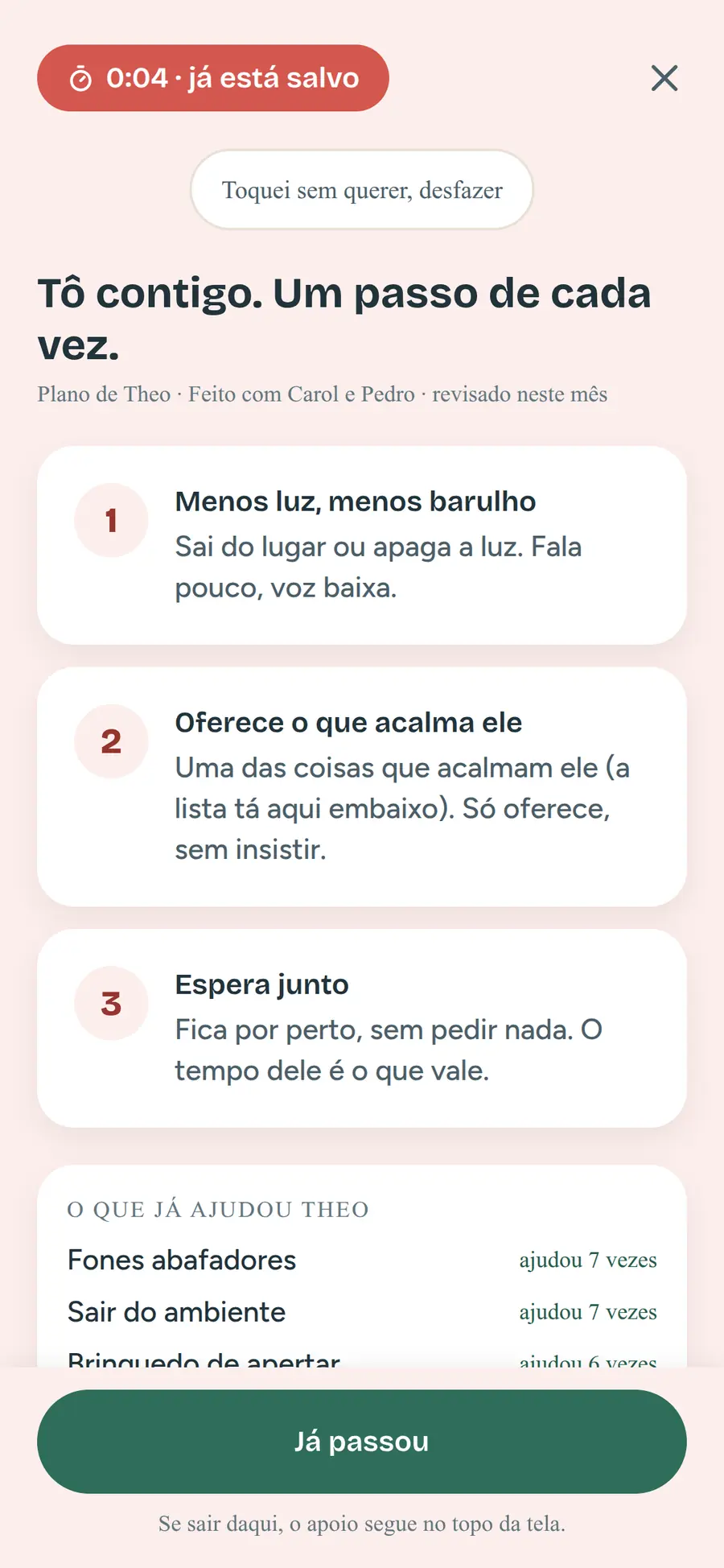 Tela de apoio na crise: plano em três passos e a lista do que já ajudou a criança, tirada dos registros