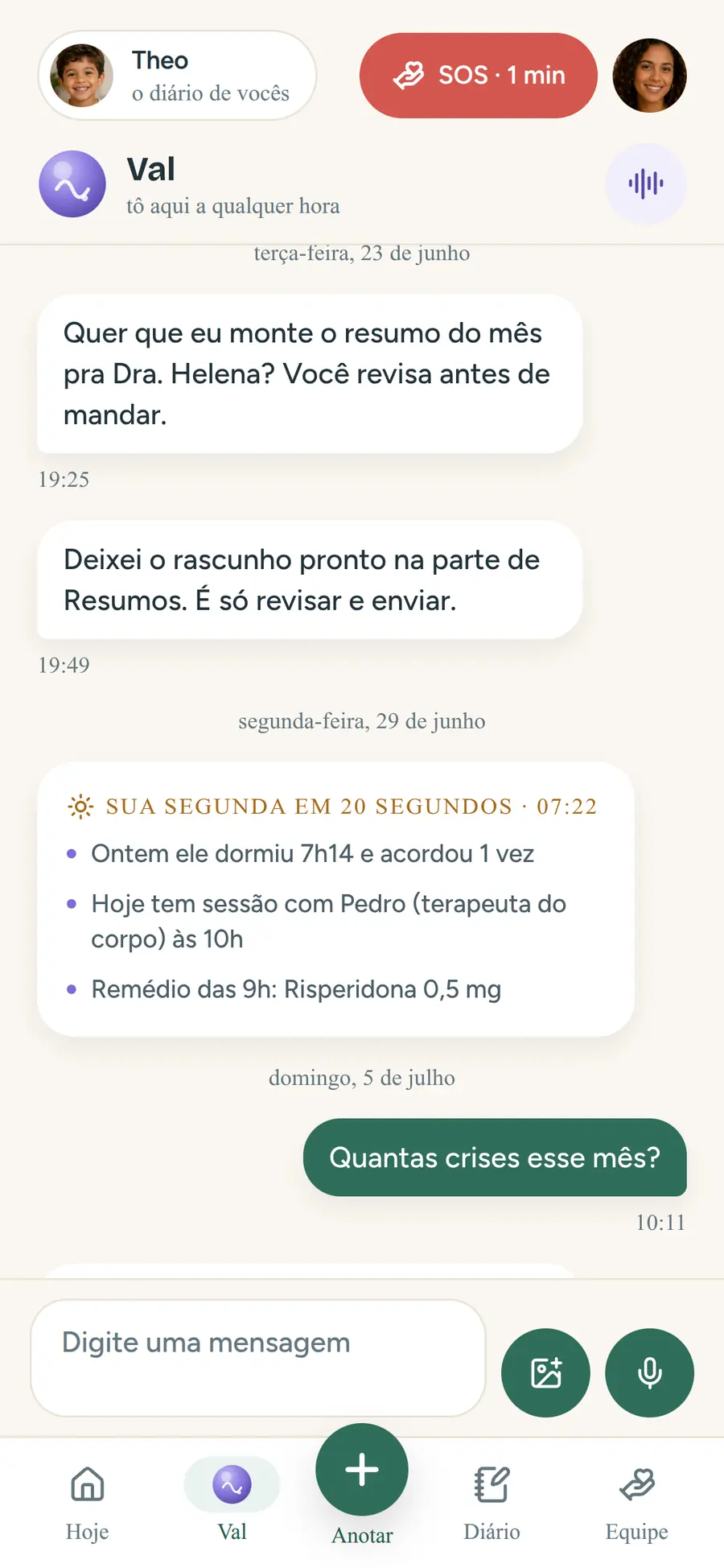 Conversa com a Val: resumo da manhã, acolhimento e o que os registros mostram